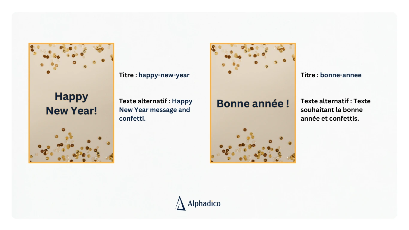 Images avec les textes Happy New Year et Bonne année. Exemple de visuel localisé pour le SEO.