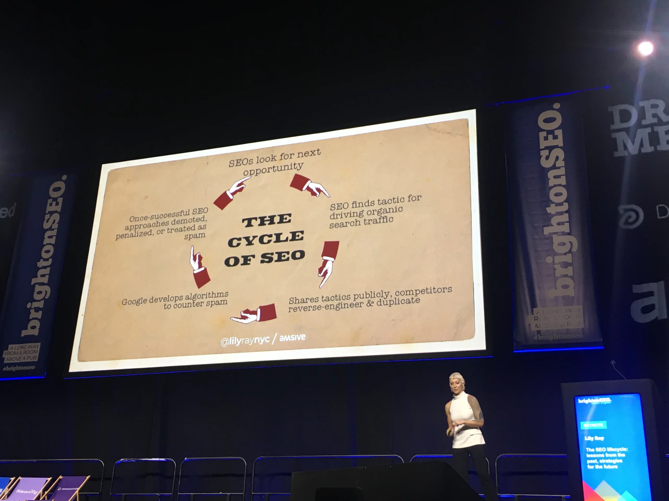 brightonseo-lily-ray-cycle-seo Lily Ray sur la scène principale de brightonSEO : le cycle de vie du SEO.