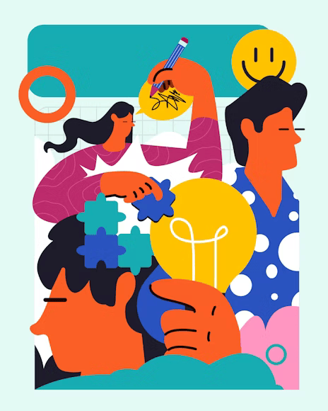 Illustration de plusieurs personnes qui réfléchissent, créent, s'entraident.